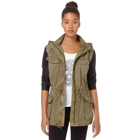 Aritzia Jackets & Blazers - ARITZIA |  TALULA TROPER ARMY UTILITY FAUX LEATHER SLEEVE JACKET